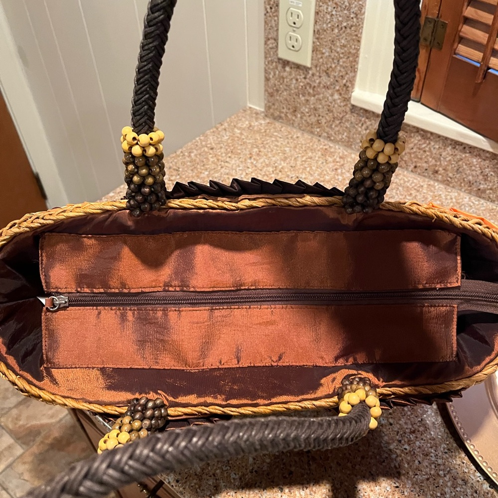 Chico’s Handcrafted Brown and Orange Zippered Woven Tote 10” x 18” - Picture 7 of 10